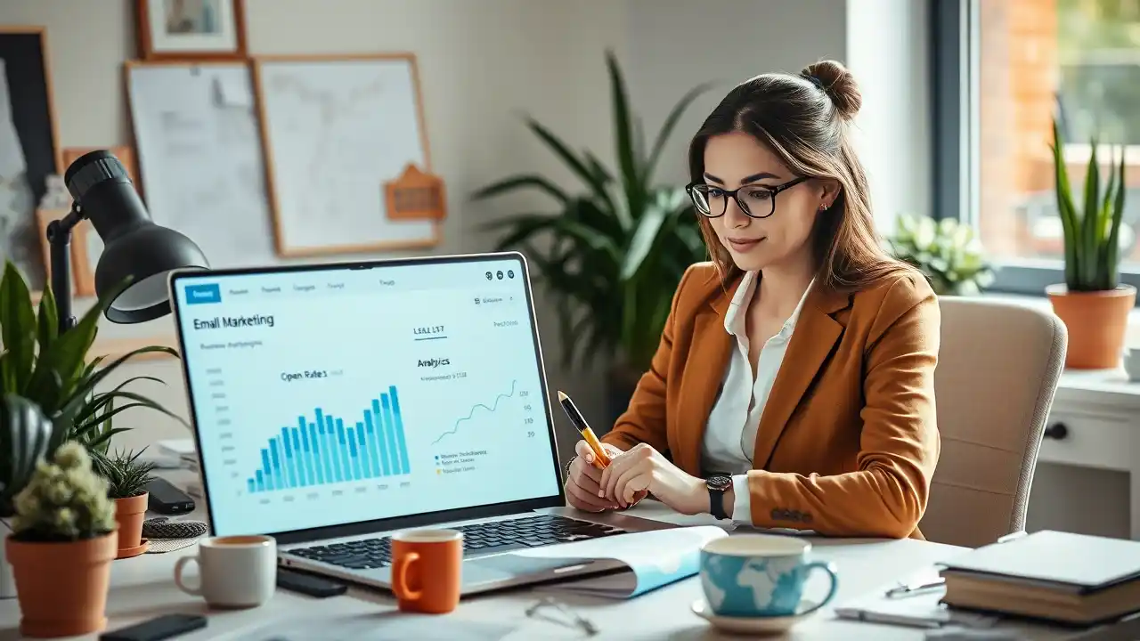 A professional analyzing email marketing lead performance through a detailed analytics dashboard  - Email Marketing Academix