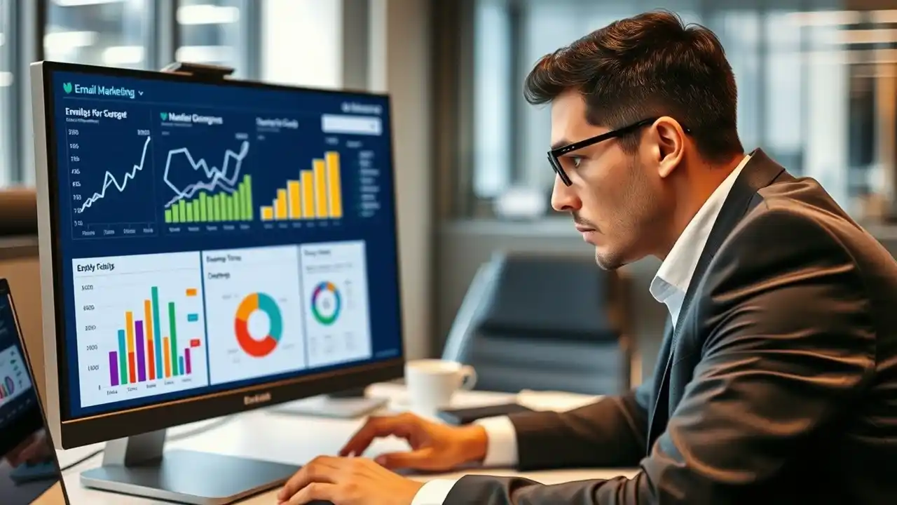 Business professional conducting an email data analysis to improve email campaign performance and increase marketing ROI - Email Marketing Academix