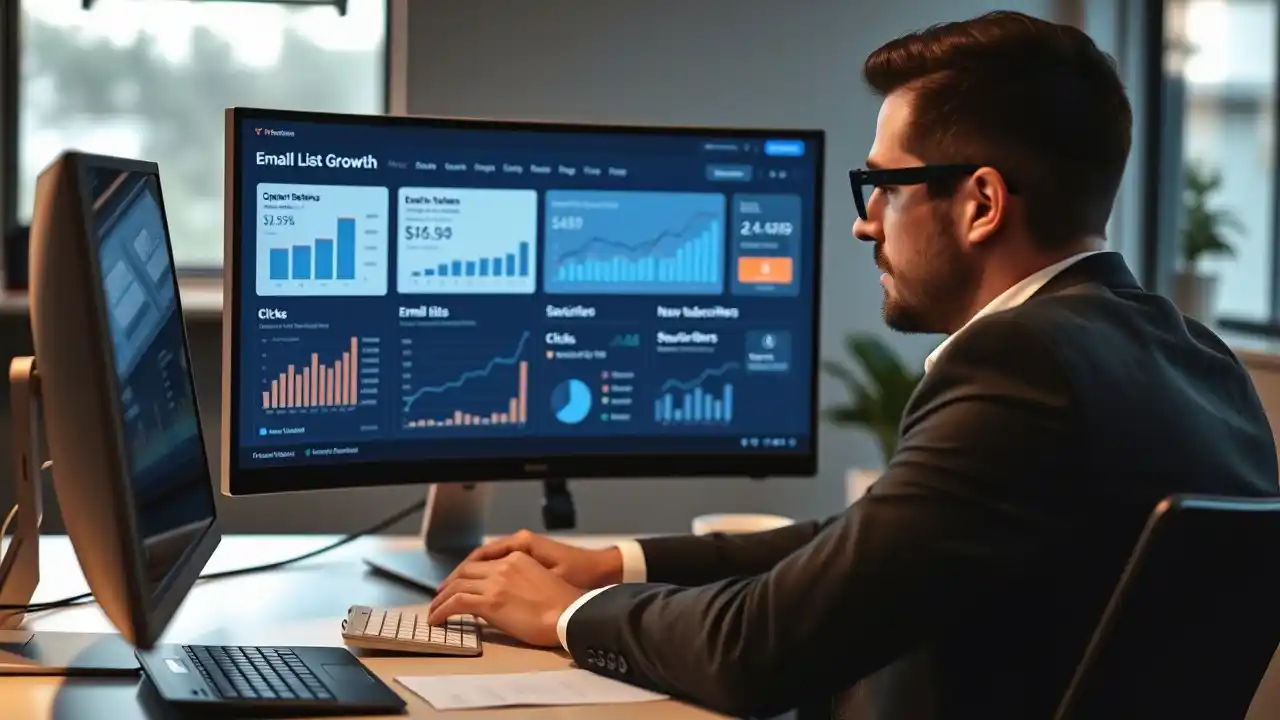 Visual representation of an Email List Building strategy with email list growth and analytics dashboard - Email Marketing Academix