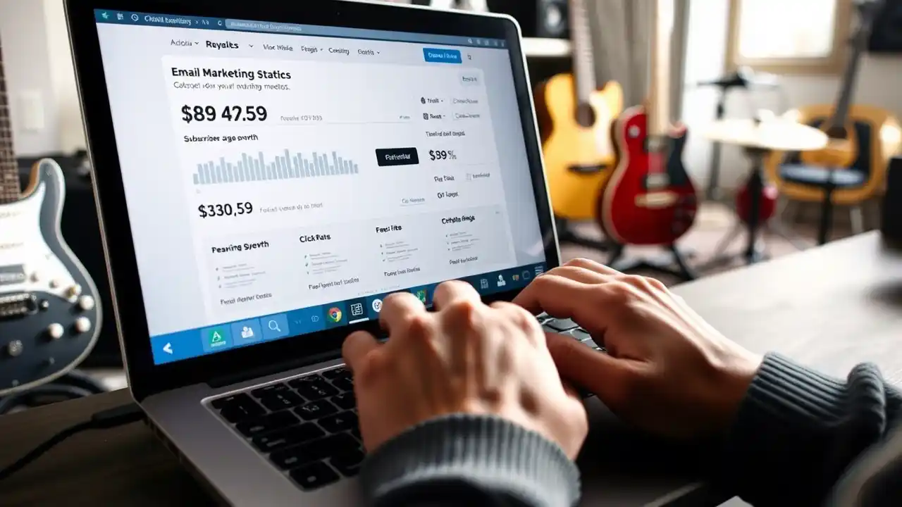 Email marketing for musicians showing performance metrics like open rates and click-through stats  - Email Marketing Academix